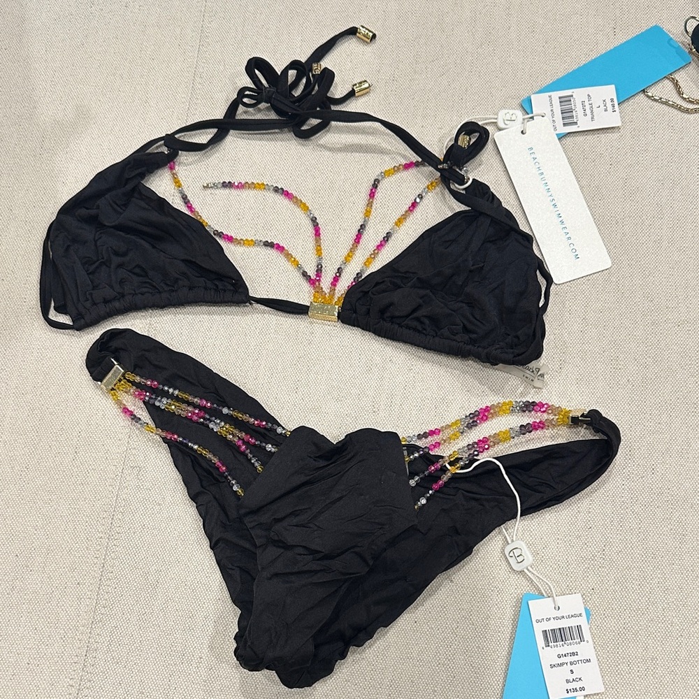 Beach Bunny Black Bikini with Beaded Accents.  Tops size L and bottoms side S